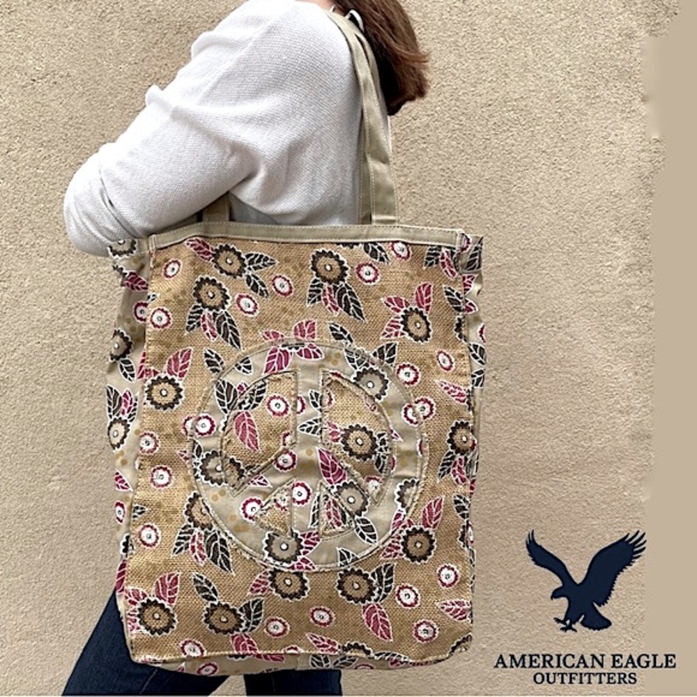 🆕AEO 🦅 Peace Sign Floral Burlap/Canvas Market Day Tote
